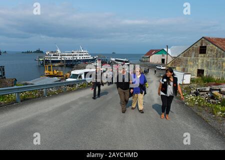 Passeggeri dalla nave da crociera Safari Endeavour andando a riva al villaggio di Kake, un villaggio di Tlingit situato sull'isola di Kupreanof, dove Frederick Così Foto Stock