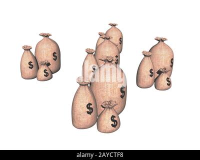 Borse di denaro fatte di iuta in diverse valute Foto Stock