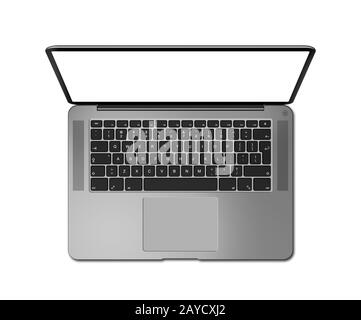 Aprire la vista superiore del notebook con schermo vuoto, isolato su bianco. Argento scuro. Rendering 3D Foto Stock