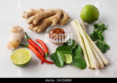 Set di ingredienti base per la minestra di Tom Yum: Pasta di Tom Yum, erba di limone, peperoncino, radice di galanga, zenzero e foglie di lime di kaffir. Foto Stock