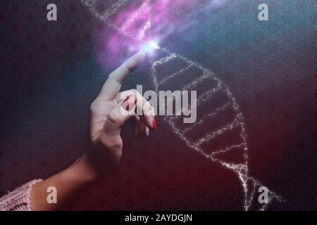 Primo piano della donna Che Tocca la molecola di DNA . Supporti misti. Foto Stock