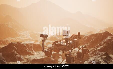 Curiosità Mars Rover esplorando la superficie del pianeta rosso Foto Stock