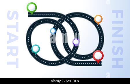 La strada dal punto di partenza alla fine. Mappa colorata puntina con concetto di percorso duro o dritto e tortuoso strada o idea di mente. Concetto di percorso del traffico errato Illustrazione Vettoriale