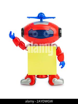 Robot giocattolo con carta bianca Foto Stock