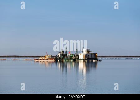 chiatta per la raccolta del sale sul lago salato qarhan Foto Stock