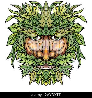 Green Man con fogliame Head Ritratto Cartoon retro disegno Foto Stock