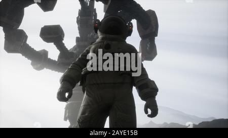 Astronauta su un altro pianeta con polvere e nebbia Foto Stock