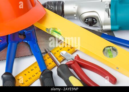 Diversi strumenti di costruzione Foto Stock