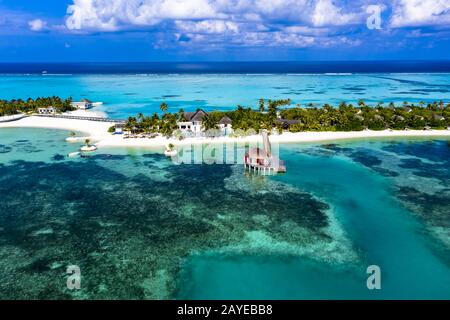 Vista aerea, Laguna dell'isola Maldive Maadhoo, Atollo Sud Male, Maldive Foto Stock