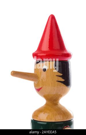 Mosca, Russia - 23 gennaio 2018: Souvenir Toy Pinocchio - simbolo dell'Italia - isolato su sfondo bianco Foto Stock