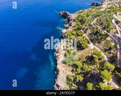 Vista aerea, Spagna, Isole Baleari, Maiorca, regione Andratx, costa occidentale, montagne Tramuntana, a. Foto Stock