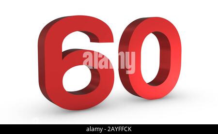 3d Rosso Lucido Numero Sessanta 60 Isolato Su Sfondo Bianco. Foto Stock