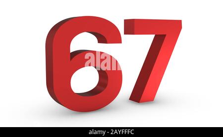 3d Rosso Lucido Numero Sessanta Sette 67 Isolato Su Sfondo Bianco. Foto Stock