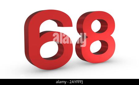 3d Rosso Lucido Numero Sessantotto 68 Isolato Su Sfondo Bianco. Foto Stock