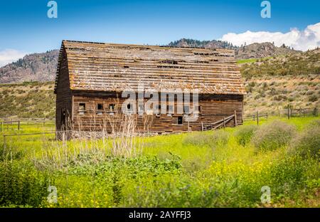 Vecchio fienile in campo verde con colline in background Foto Stock