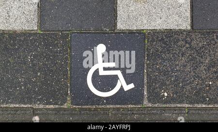 Simbolo disabilitato sul marciapiede, Paesi Bassi Foto Stock