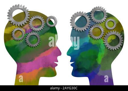 Due teste dipinte di acquerello rivolte l'una verso l'altra con ingranaggi in metallo isolati su sfondo bianco. Pensiero e concetto di comunicazione. Illus. Generato digitale Foto Stock