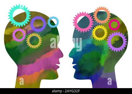 Due teste di silhouette dipinte con acquerello umano rivolte l'una verso l'altra con ingranaggi colorati isolati su sfondo bianco. Pensiero e concetto di comunicazione. Scavo Foto Stock