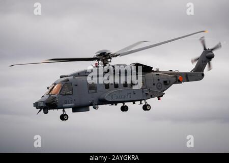 Mentre si opera in mare, un elicottero Royal Canadian Air Force CH-148 Cyclone parte da HMCS VILLE DE QUEBEC durante L'Esercizio Cutlass Fury. Foto Stock