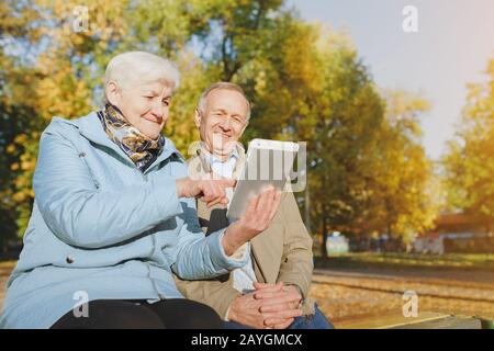 Coppia senior seduta su una panchina nel parco autunnale e utilizzando un tablet digitale Foto Stock