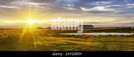 Vecchia fattoria e prato in Islanda su sunrise. Tipico paesaggio islandese. Foto Stock