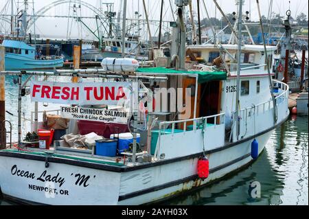 Newport, Oregon, USA - 23 agosto 2015: Un pescatore vende le sue catture dalla sua barca nel porto turistico di Yaquina Bay, a Newport, sulla costa dell'Oregon Foto Stock