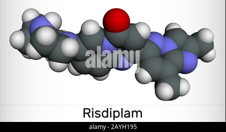 Molecola Risdiplam, RG7916, C22H23N7O. È un farmaco sperimentale per il trattamento dell'atrofia muscolare spinale, SMA. Modello molecolare. Rendering 3D Foto Stock