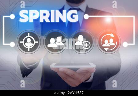 Testo di scrittura Spring. Foto d'affari che mostra la stagione dopo l'inverno in cui la vegetazione comincia ad apparire Foto Stock