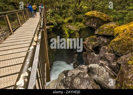 I turisti cinesi che guardano le buche si trovano nelle rocce del Chasm, del Parco Nazionale di Fiordland, della Regione di Southland, dell'Isola del Sud, della Nuova Zelanda Foto Stock