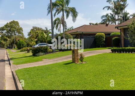 Casa australiana e giardino con piante e erba nel sobborgo di Sydney di Mona vale, nuovo Galles del Sud, Australia Foto Stock