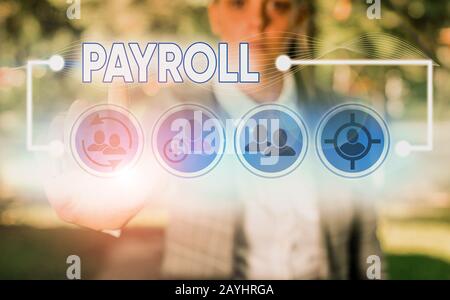 Scrittura a mano concettuale che mostra Payroll. Concetto che significa importo totale del denaro società paga ai dipendenti stipendio pagamento Foto Stock