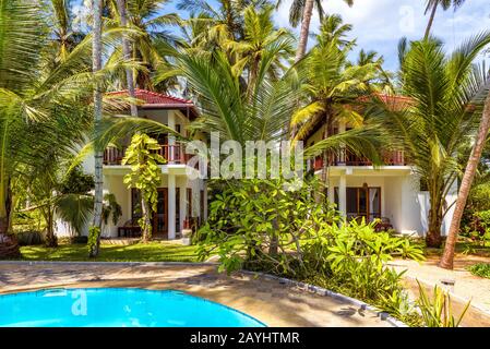 Sri Lanka - 4 novembre 2017: Piscina e case in un hotel tropicale Foto Stock