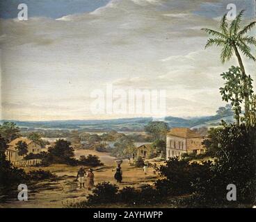 Frans Post - Paisagem com nativos, escravos e casa-grande em um vilarejo, c. 1670-75. Foto Stock