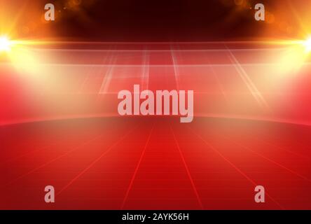 Astratto tema rosso vuoto 3d studio spazio con lente flare e griglia rettangolare a terra superficie Foto Stock