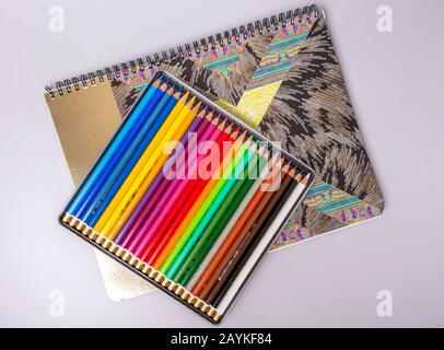 Una scatola con matite multicolore affilate si trova su uno sketchbook. Elementi per la creatività. Foto Stock