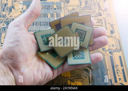 Un uomo tiene in mano molti processori sullo sfondo della scheda madre del computer. Concetto di riparazione, regolazione, manutenzione dell'equazione elettronica Foto Stock