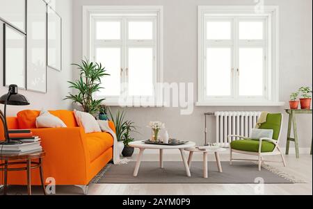 Si può mock up soggiorno con divano arancione, due tavoli e sedia verde in moderno sfondo interno, appartamento con grandi finestre e radiatore, Scandinavia