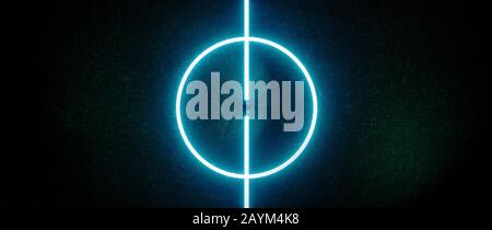 Campo da calcio centrale in corto e visto dall'alto, con palla nera in mezzo e linee luminose su sfondo scuro Foto Stock