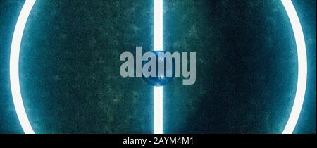 Campo da calcio centrale in corto e visto dall'alto, con palla nera in mezzo e linee luminose su sfondo scuro Foto Stock