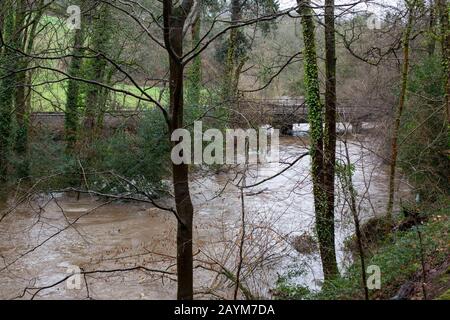 Cardiff, Galles, Regno Unito. 16th Feb, 2020. Cardiff, GALLES, REGNO UNITO - 16 FEBBRAIO 2020 - livelli d'acqua in aumento del fiume Ely sotto un ponte ferroviario a Cardiff, in quanto Il Met Office aggiorna lo status di "rabbia alla vita" di Storm Dennis Rain Warning per il Galles meridionale. Credito: Mark Hawkins/Alamy Live News Foto Stock