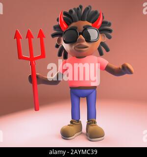 Uomo nero vestito come il diavolo con corna e tridente, illustrazione 3d rendere Foto Stock