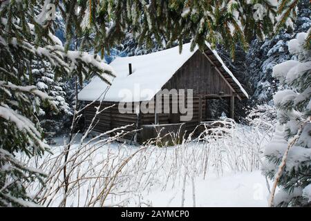 piccola casa in inverno montagne tra la foresta innevata Foto Stock