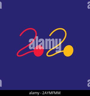 Felice anno nuovo 2020. Design di testo rosso e arancione isolato su sfondo blu scuro. Illustrazione del messaggio di saluto del vettore di disegno manuale. Carta. Doodle. Stampa. Illustrazione Vettoriale