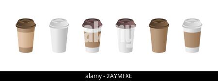 Carta caffè tazza mockups set. Svuotare il caffè per andare alla raccolta delle tazze in plastica. Modelli realistici per tazza da caffè usa e getta su sfondo bianco.modello vettoriale Illustrazione Vettoriale