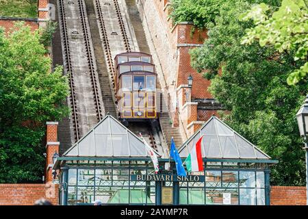 14 MAGGIO 2018, BUDAPEST, UNGHERIA: Famosa ferrovia funicolare retrò di Budapest per la collina del Castello Foto Stock