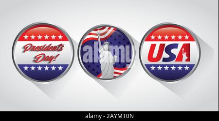 poster di festa dei presidenti felici con pulsanti set degli stati uniti Illustrazione Vettoriale