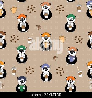 cute senza cuciture modello vettoriale con panda bere caffè o tè da tazza di carta con paglia, foglie di bambù e punti, design con e senza trasparente Illustrazione Vettoriale