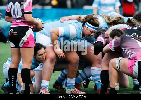 Newcastle, Regno Unito. 16th Feb, 2020. Newcastle UPON TYNE, INGHILTERRA - FEBBRAIO 16TH Brogan Churm of Falcons Invitational Women's XV si impacca durante l'Amichevole partita tra Newcastle Falcons Women's Invitational XV e Exeter Chiefs Women a Kingston Park, Newcastle domenica 16th Febbraio 2020. (Credit: Chris Lishman | MI News) La Fotografia può essere utilizzata solo per scopi editoriali di giornali e/o riviste, licenza richiesta per uso commerciale Credit: Mi News & Sport /Alamy Live News Foto Stock