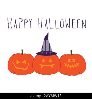 Sfondo di Halloween, pomkin con cappello. Biglietto di auguri felice Halloween. Vacanze autunno ottobre. Illustrazione del vettore di lettere a mano. Illustrazione Vettoriale