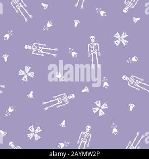 Ripetizione senza giunture. Scheletri bianchi umani e fiori tradizionali su sfondo lila. Felice modello di Halloween. Crani di zucchero. Sfondo, sfondo. Vect Illustrazione Vettoriale